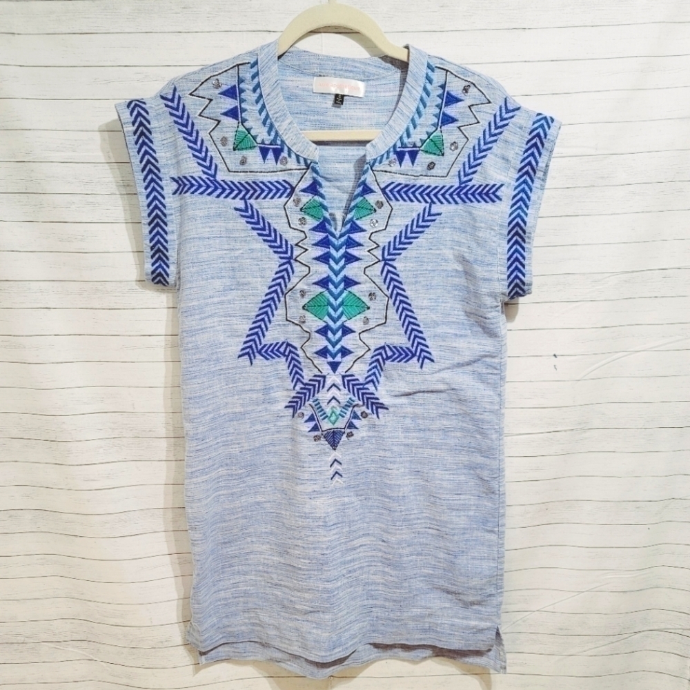 Luxe Apothetique LINEN BLEND HEATHERED BLUE SHIFT DRESS, SZ SMALL